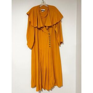 Vintage Diana Marco Marigold Orange Ruffle Collar Pleated Maxi Dress Size 22